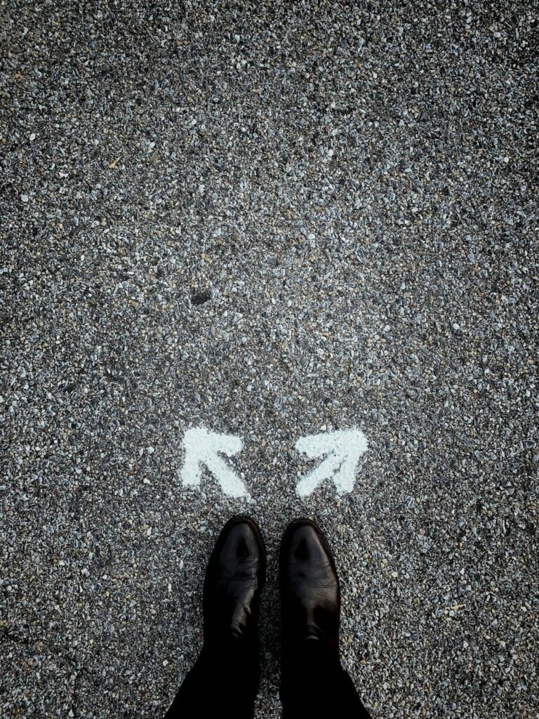 Two directional arrows painted on pavement, representing the choice between a UI/UX bootcamp and a university design degree