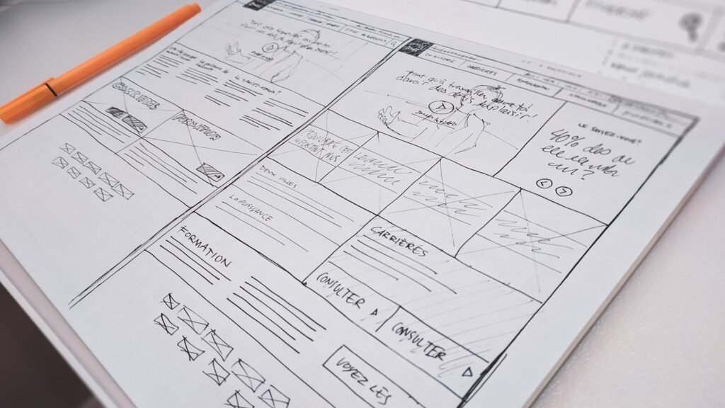 Hand-drawn website wireframe sketches on paper, where a UX portfolio with no experience starts