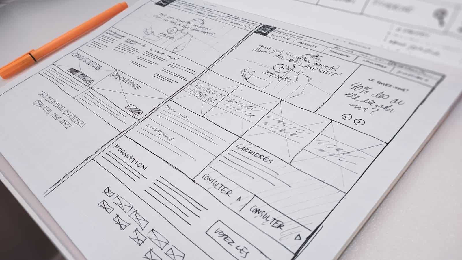 Hand-drawn website wireframe sketches on paper, where a UX portfolio with no experience starts